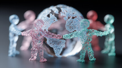 A group of interconnected wireframe figures circling a globe symbolizing global unity, collaborative progress and the strength of international human connection.
