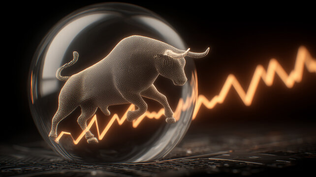 A stylized dotted bull within a glass sphere representing market acceleration, investor confidence and the upward momentum driving financial growth.
