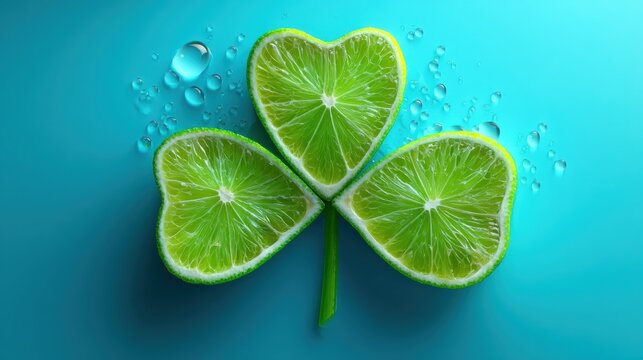 Lime wedges forming shamrock pattern on clear aqua background