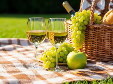 Romantic Picnic Setting with Wine and Grapes cheese