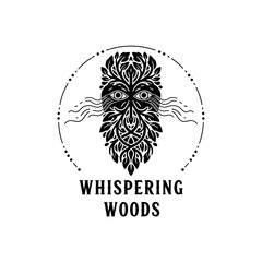 Whispering Woods mystical face made of leaves in a circular frame.