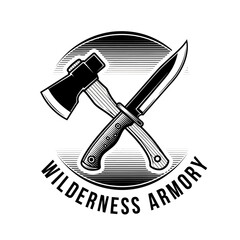 Wilderness Armory Logo with Crossed Axe and Knife Emblem.