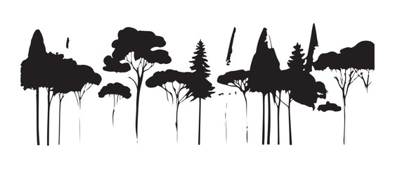 Abstract forest landscape silhouette with stylized trees and branches on a white background creative nature art