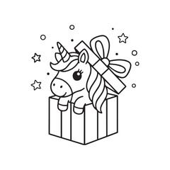 Cute Unicorn in Gift Box Outline – Kawaii Present Illustration, Adorable Cartoon Unicorn Line Art with Stars, Magical Unicorn Outline for Kids Coloring Pages and Celebrations