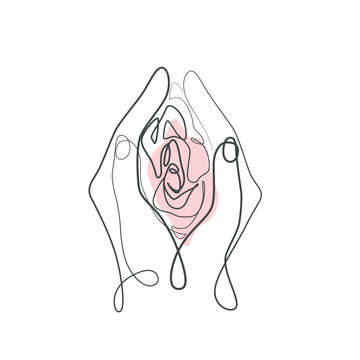Hands Holding Vulva Flowers one line drawing. Hands Holding Vulva Flowers single line illustration. Hands Holding Vulva Flowers minimalist line art. Hands Holding Vulva Flowers vector art