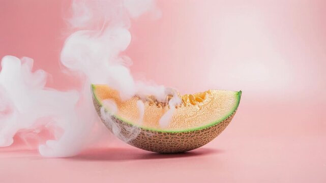 Fresh Cantaloupe Melon Slice with Ethereal Smoke on Pink Background