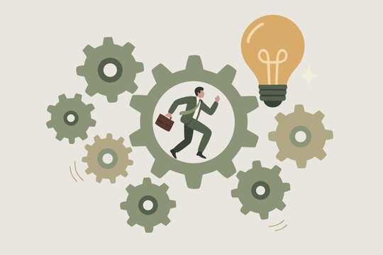 Dynamic entrepreneur running through gears toward brilliant idea, innovation, and solutions for business success and growth