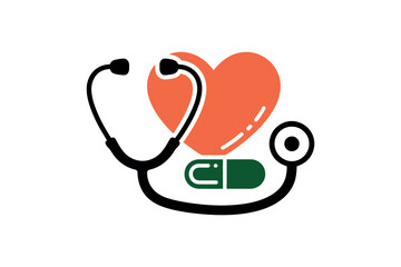 Illustration of a stethoscope around a heart and a pill on a white background image