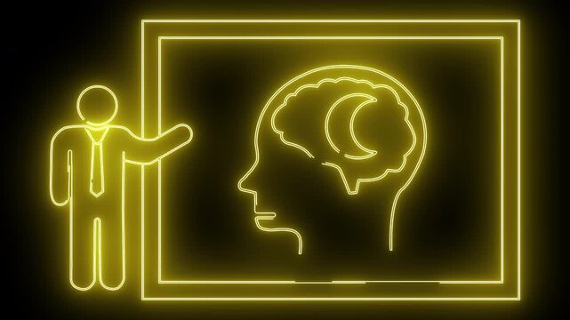 A neon yellow outline of a man presenting a brain with a crescent moon shape inside all framed