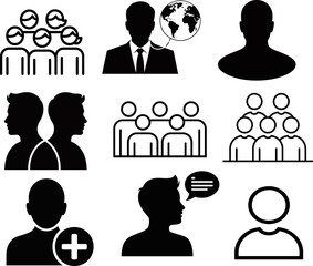 Versatile Vector Icon Set of User Profiles and People: Networking, Communication, Teamwork, and Global Business Avatars in Silhouette and Outline Styles for UI/UX Design Assets