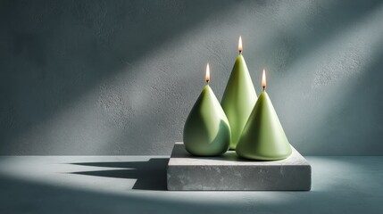 Green candles in a triangle on pale marble environment