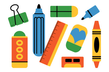 Flat lay illustration of assorted stationery items on a white background surface