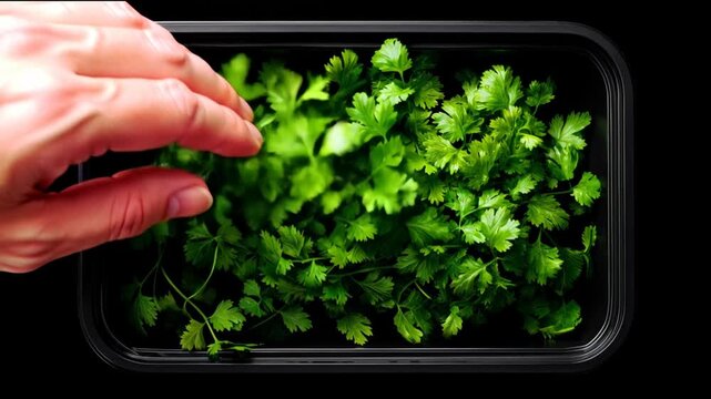 Hand sowing coriander seeds on fresh microgreens in a tray against a black background