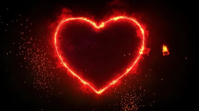Glowing red heart shape outlined with intense fire and sparks against a dark black background, symbolizing passion and romance 4k video