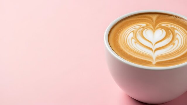 Close up of latte art heart design in coffee cup on pink