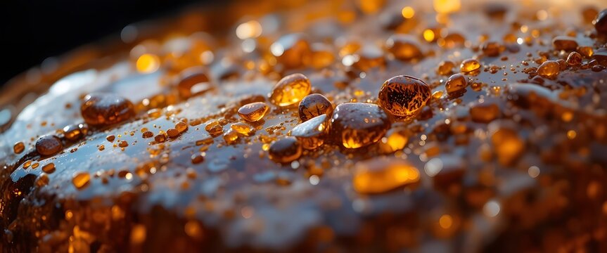 Golden liquid droplets shimmering intensely on a subtle textured surface with captivating light reflections. baltic amber