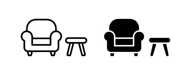 Two iconic chairs with small tables, one outlined and one filled in.
