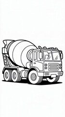 Children’s concrete mixer coloring page featuring a large cement truck with a rotating drum, cabin and big wheels. Thin black outline with simple contours and many interior mechanical details.
