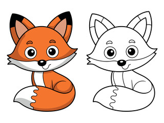 A cute cartoon fox is shown next to a coloring book outline of the same fox.