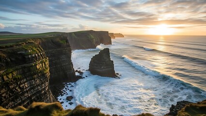 Dramatic Cliffs of Moher at Sunset: Coastal Beauty and Ocean Waves.