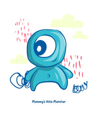 Cute Blue Monster Cartoon Illustration | Hand-Drawn One-Eyed Fantasy Creature – Friendly Monster Character, Mommy’s Little Monster, Whimsical Kids Artwork & Family Humor Design