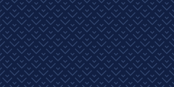 Vector geometric seamless pattern with lines, arrows, stylized fish scale grid. Subtle abstract minimal ornament. Elegant deep blue background texture. Repeating design for print, wallpaper, textile