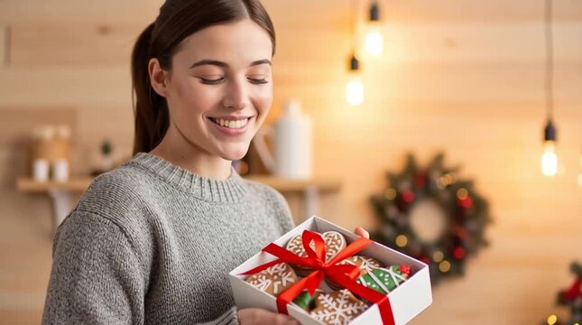 Smiling young woman holding Christmas gift box with homemade cookies in cozy decorated living room