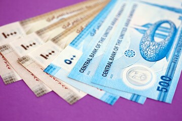 United Arab Emirates dirham money bills in big amount close up on purple. Finance and banking concept