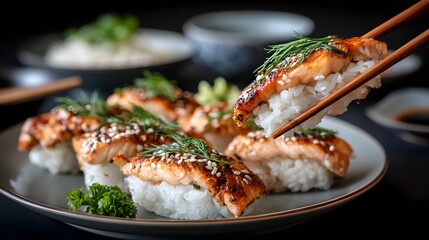 Grilled teriyaki salmon nigiri arranged on a black plate with garnish in a modern Japanese dining setting