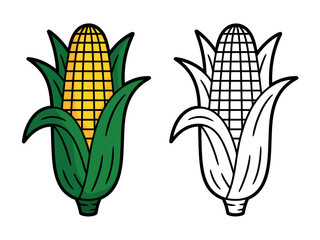 A colorful illustration of a corn cob next to a black and white outline of a corn cob.