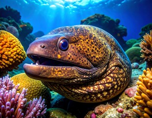 Spotted moray eel rests among vibrant coral reef in sunlit blue waters, mouth slightly agape, gazing upward