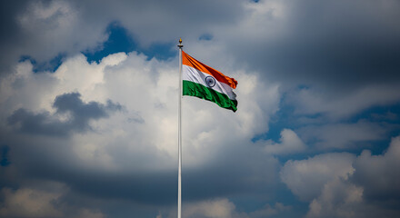 Republic india country national flag blue sky cloud background 15 january 1949 asia freedom celebration 78 7 year commonwealth culture indian tricolor holiday 2025 emblem orange white green wheel 