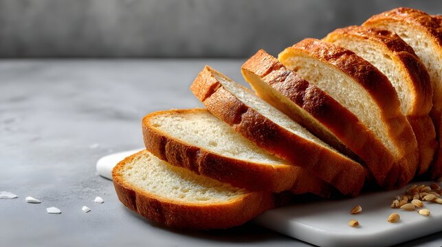 Fresh artisan loaf sliced and arranged on a marble surface, presenting a rustic and homemade bakery style