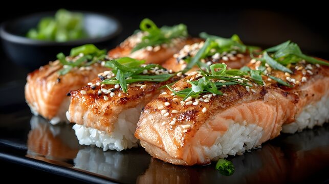 Fresh salmon nigiri sushi topped with herbs and served on a dark plate in a Japanese dining environment