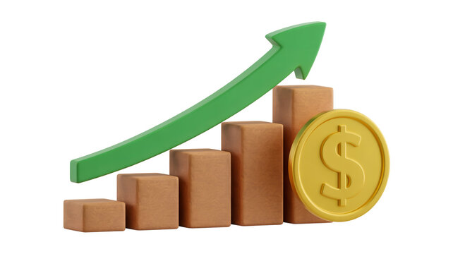 A 3D rendered business growth chart showing an ascending trend with brown rectangular bars and a green upward arrow