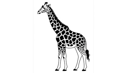 A black and white silhouette illustration of a giraffe standing in profile view facing left.