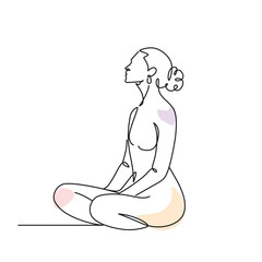Woman sitting quietly starting to meditate one line drawing. Woman sitting quietly starting to meditate single line illustration. Woman sitting quietly starting to meditate minimalist line art