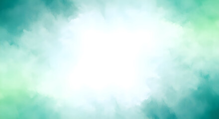 Abstract watercolor background with soft green and teal hues and bright white center