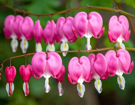Captivating close-up of delicate pink bleeding heart flowers in full bloom on stems