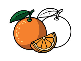 An orange with a slice and an outline of another orange with a leaf