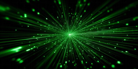 Brilliant green light beams emanate from a central vanishing point against a dark background
