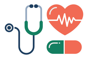 Illustration of a stethoscope heart with heartbeat line and a capsule on a white background