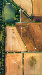 Aerial view of agricultural fields with digital network overlay, showcasing modern farming and smart technology integration.