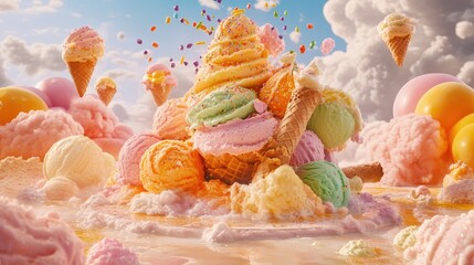 Vibrant, Surreal Mountain of Melting Ice Cream with Floating Cones and Raining Sprinkles.