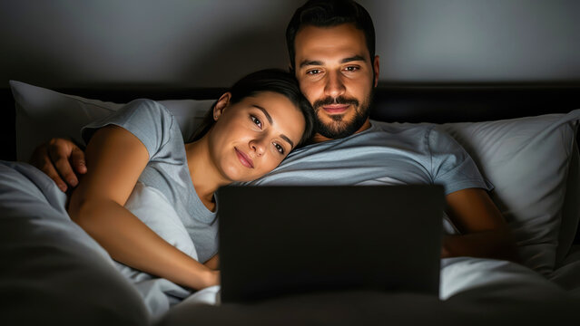 Husband and wife enjoying a cozy night in bed, watching a movie on laptop, faces warmly lit by the screen's soft glow. - Powered by Adobe