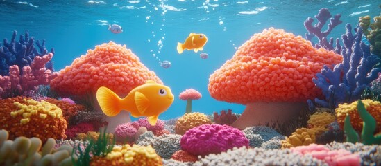 Vibrant Underwater World: Cartoon Goldfish Swimming Among Colorful Coral Reefs