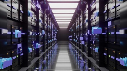 Futuristic server room corridor with floating digital file folder icons
