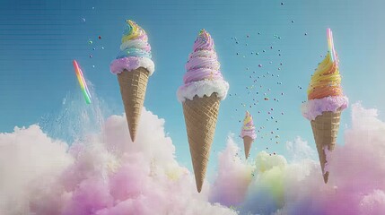 Whimsical Floating Ice Cream Cones with Sprinkles, Cotton Candy Sky.