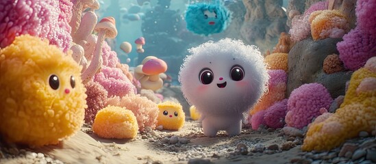 Whimsical Fluffy Creatures Explore Vibrant, Otherworldly Coral Reef Landscape