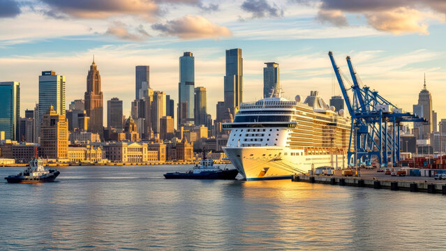 Majestic Cruise Ship Docked at a Vibrant City Port During Golden Hour, Reflecting Dazzling Sunlight on the Water.